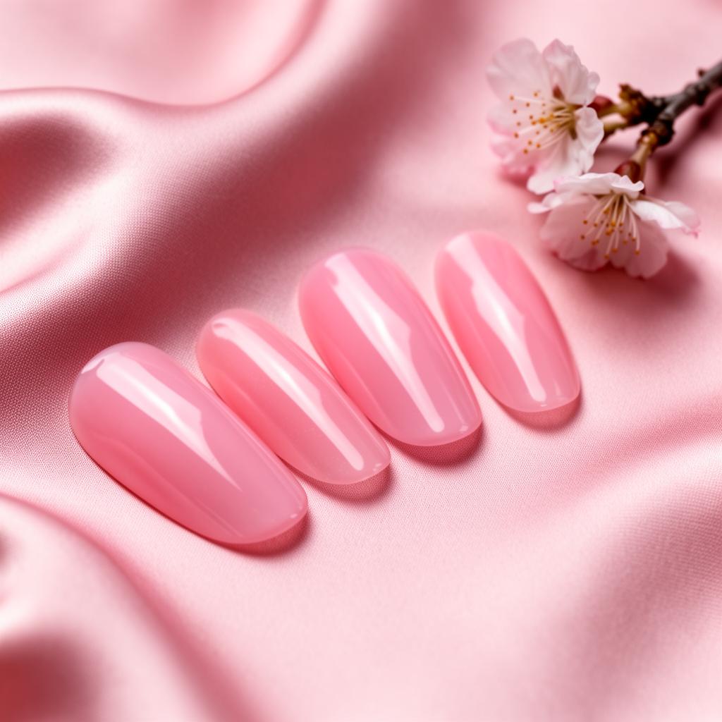 Eleganter pinkfarbener Gel-Nageldesign auf Seide mit Kirschblüten